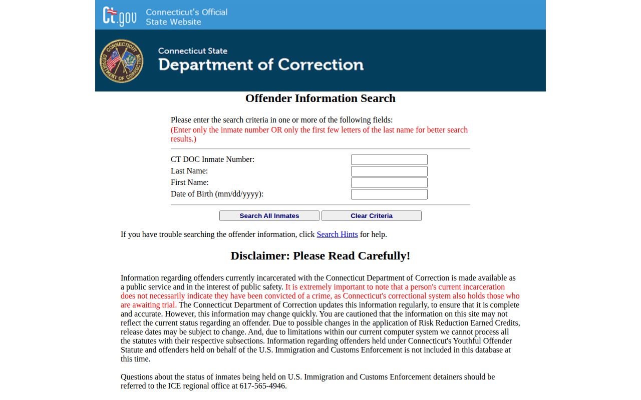 Litchfield County released inmate search fields in CT DOC