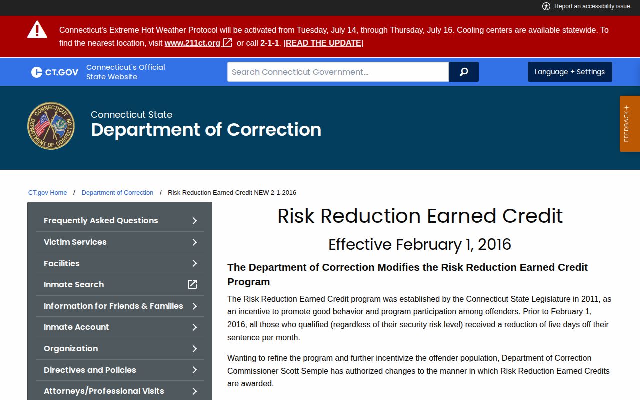 CT DOC earned credit rules for a Litchfield County projected release date