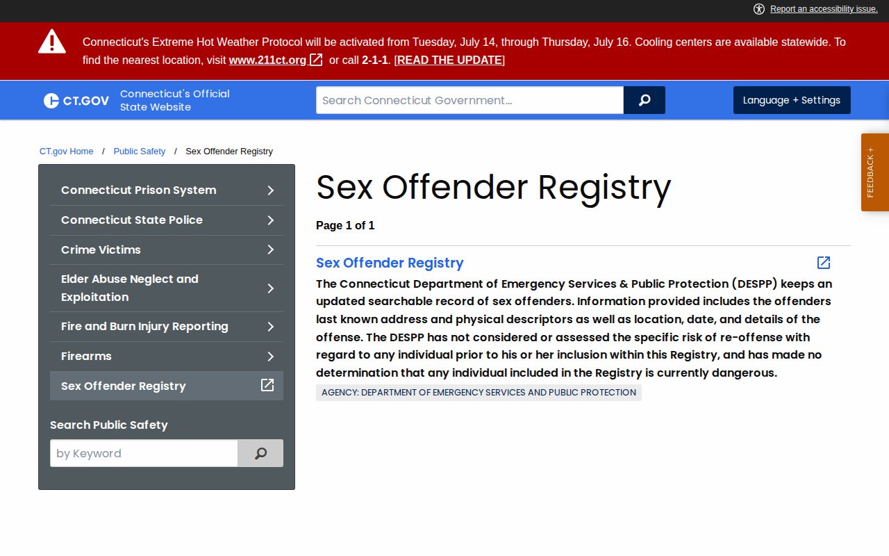 Connecticut DESPP registry source for applicable Litchfield County released-inmate photos