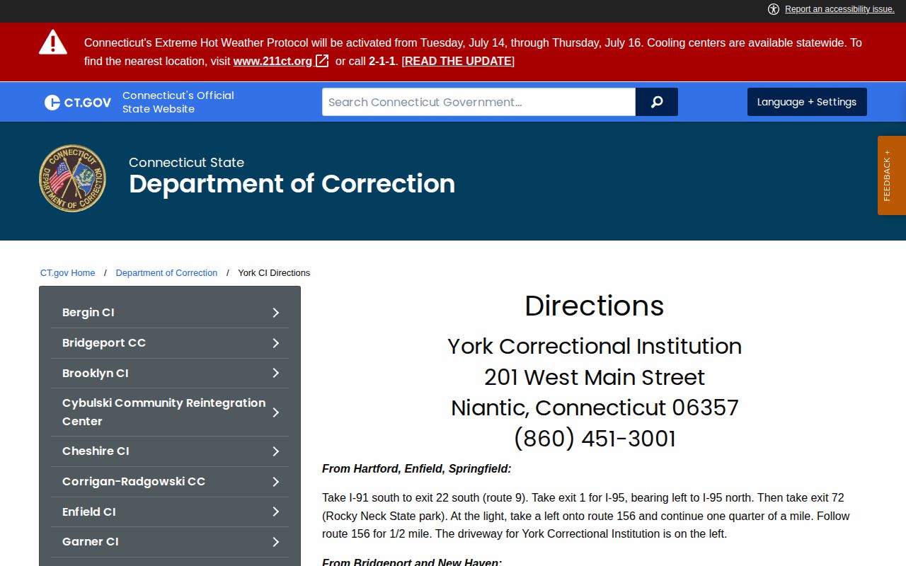 York Correctional Institution official CT DOC facility directions for release contact