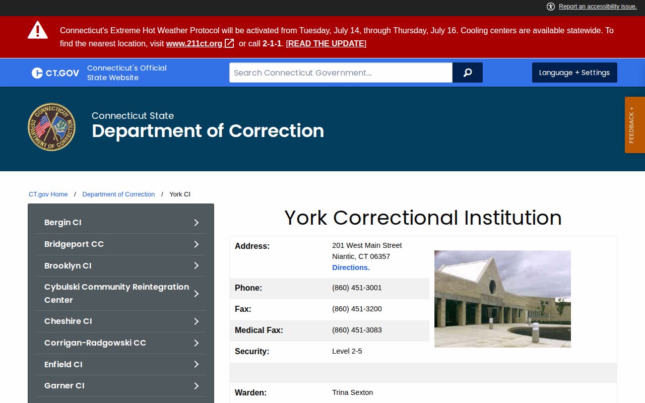 York Correctional Institution CT DOC release records source page